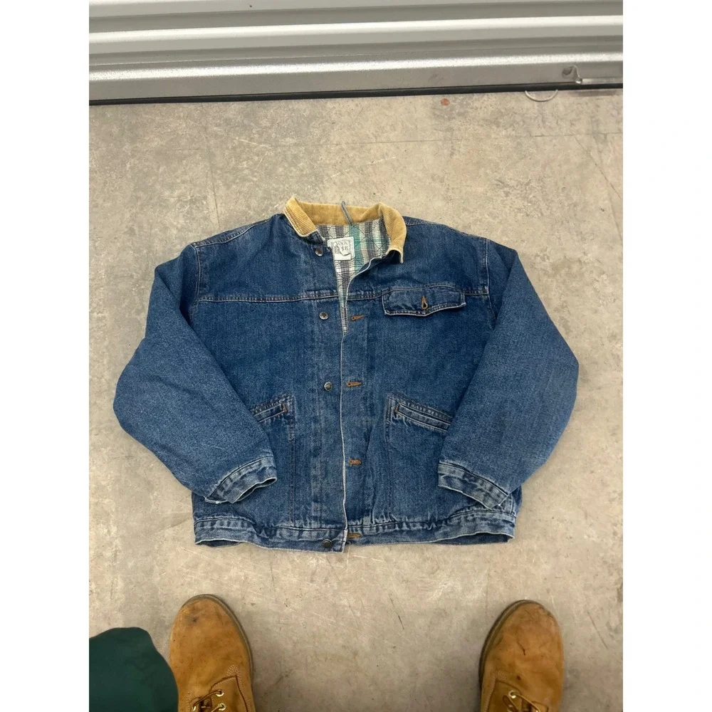 Vintage Canyon River Blues Mens Denim Jacket Plaid Lined Corduroy Collar Blue L